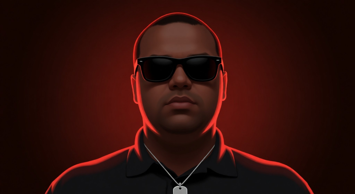 A portrait edged in red light